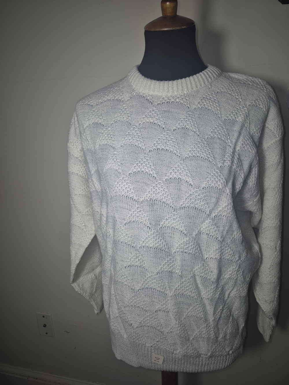 Women's White Crewneck Knit Sweater with Wave Texture